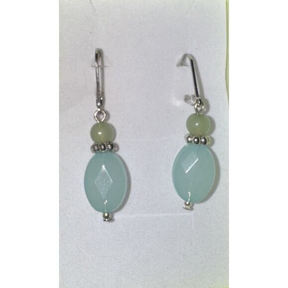 EARRINGS VTG Dangle Drop W/Green & Silver Stones/Bead On Silver Lever Back Clasp - Picture 1 of 5